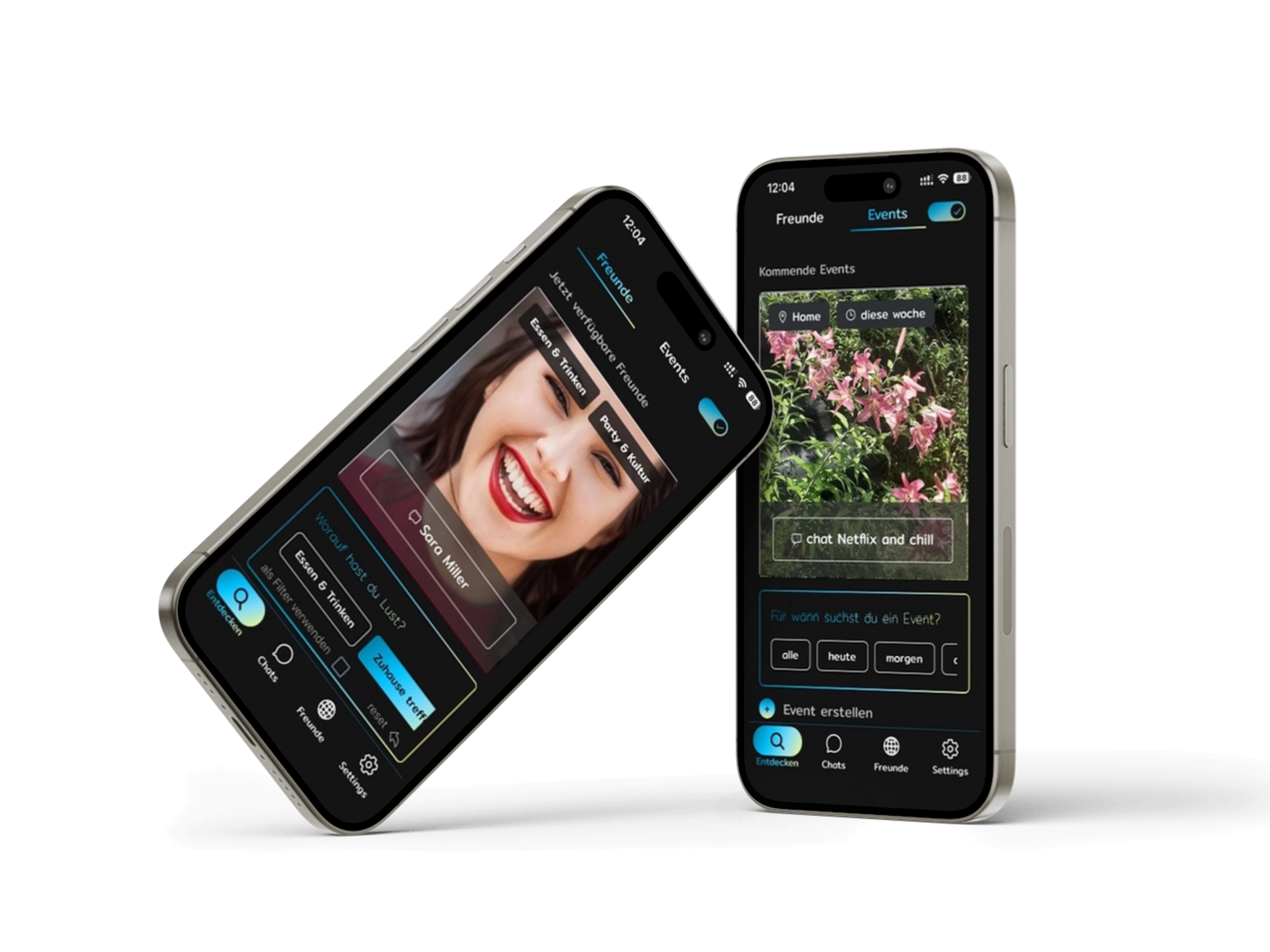 2gether app screens showing available friends and upcoming events