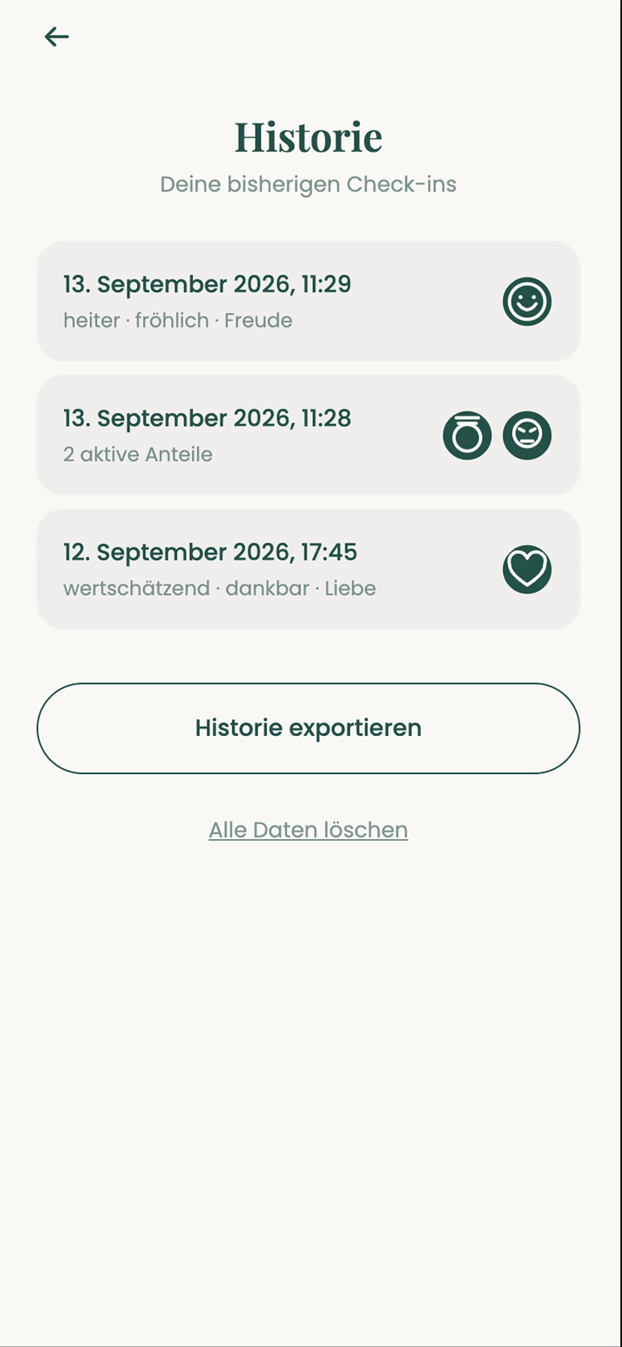 History of past check-ins with export and delete options
