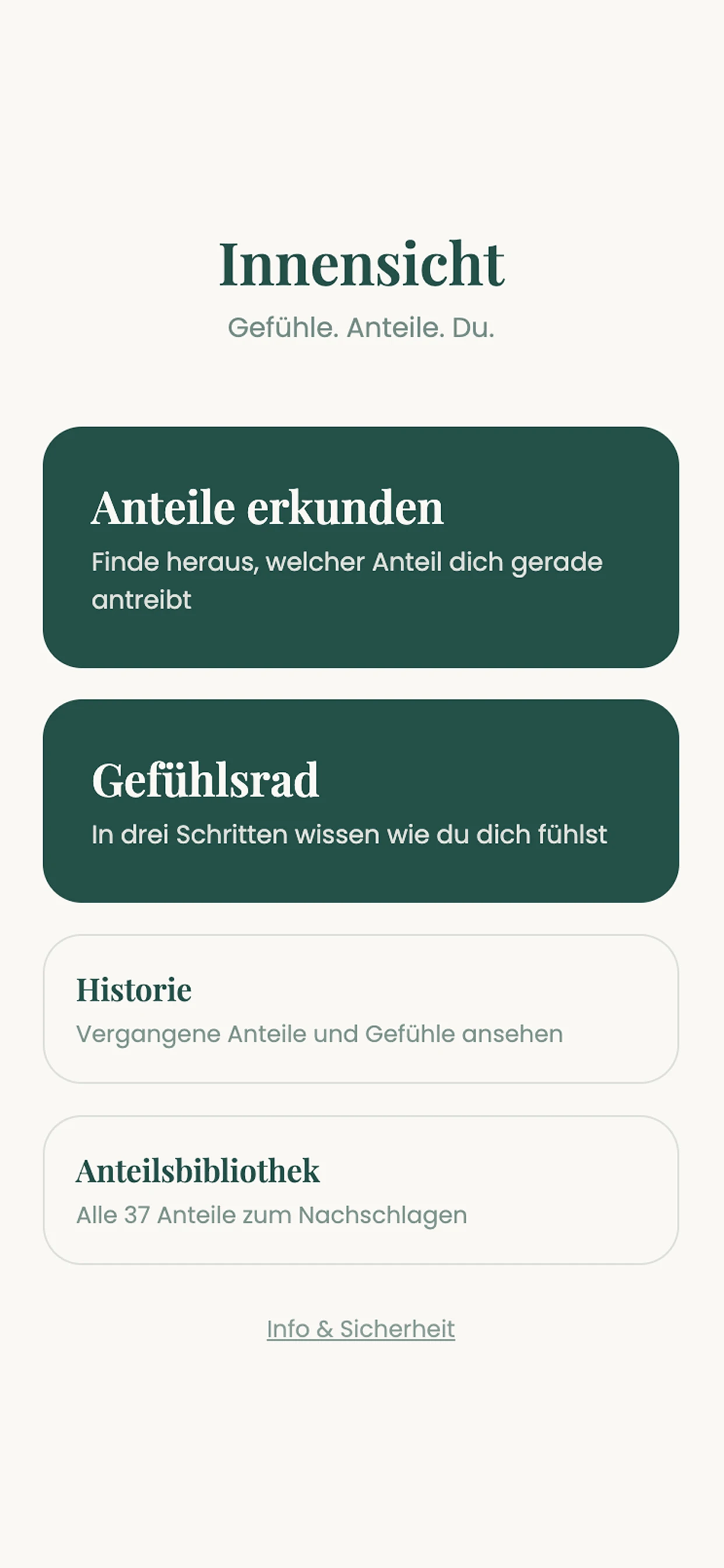 Innensicht home screen with the options explore parts, emotion wheel, history and library